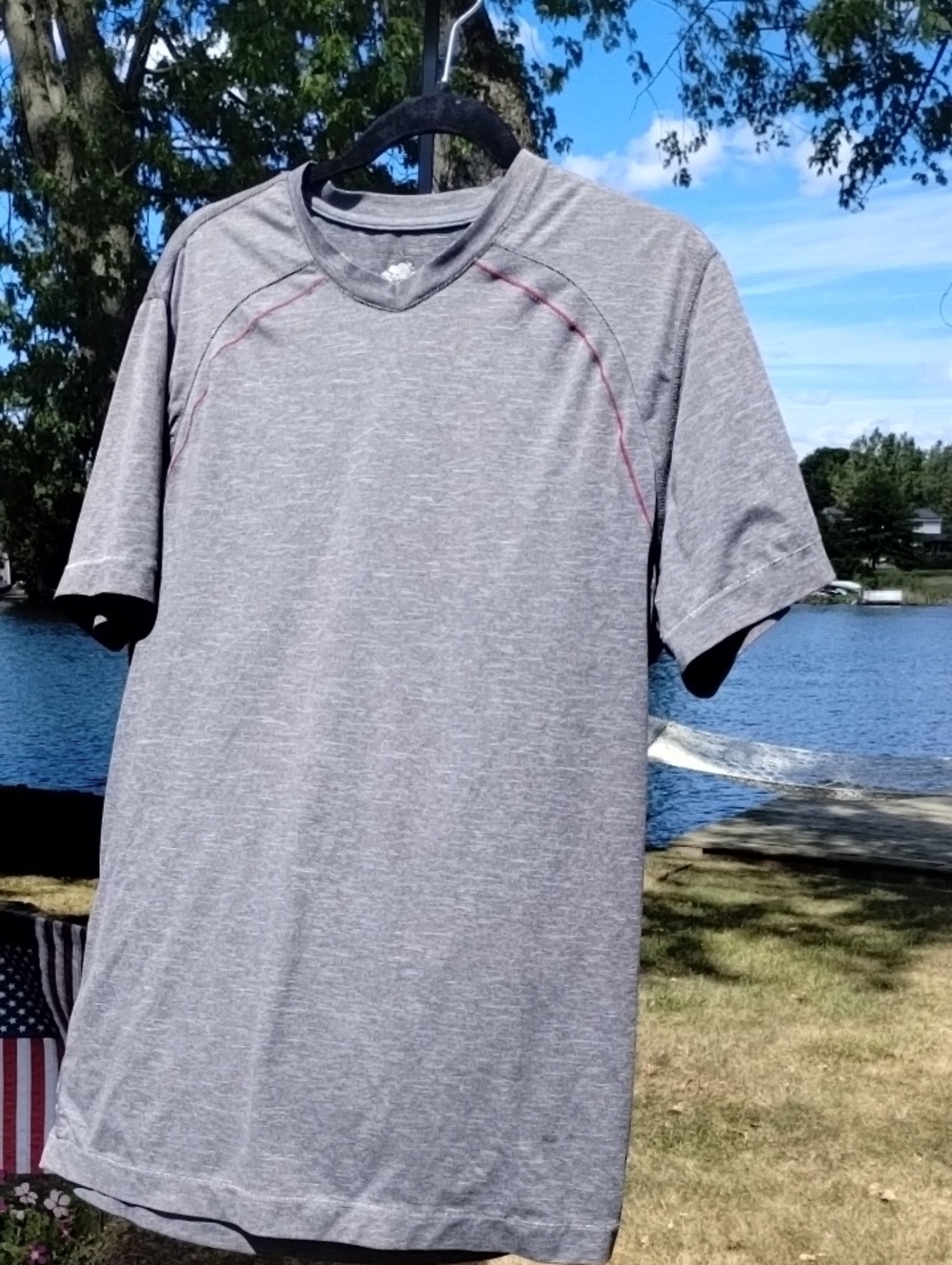 Roots Gray Heather V-Neck Short Sleeve Tee with Red Contrast Stitching